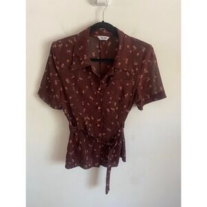 Group Brown Floral Sheer Short Sleeve Belted Blouse Flower Button Top Womens M